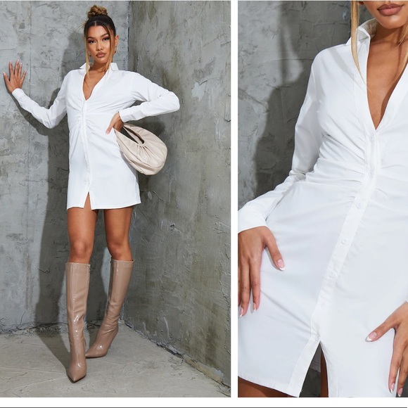 BRAND NEW WHITE SHIRT RUCHED DRESS - Picture 4 of 10
